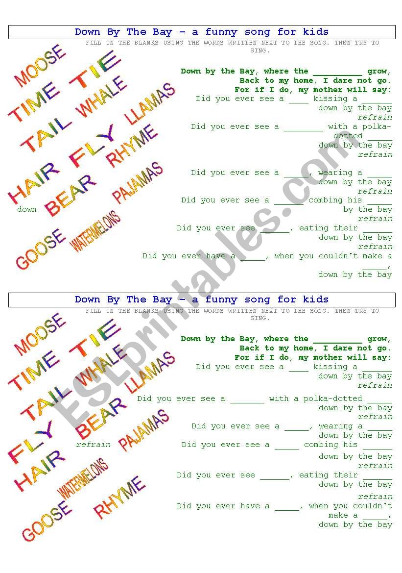 funny song - down by the bay worksheet