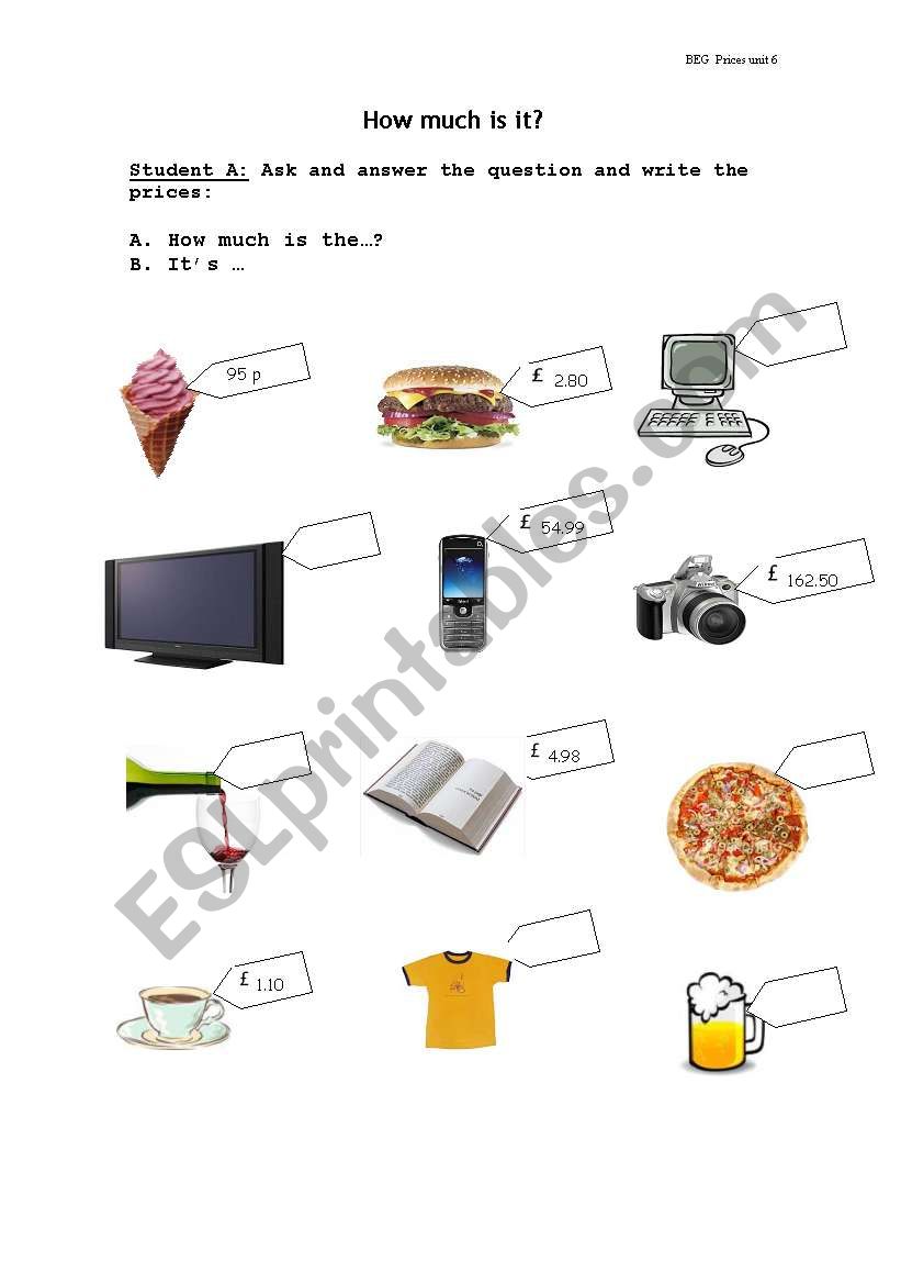 Speaking activity -  How much is it? Student A