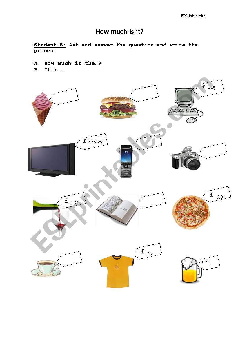 Speaking activity -  How much is it? Student B