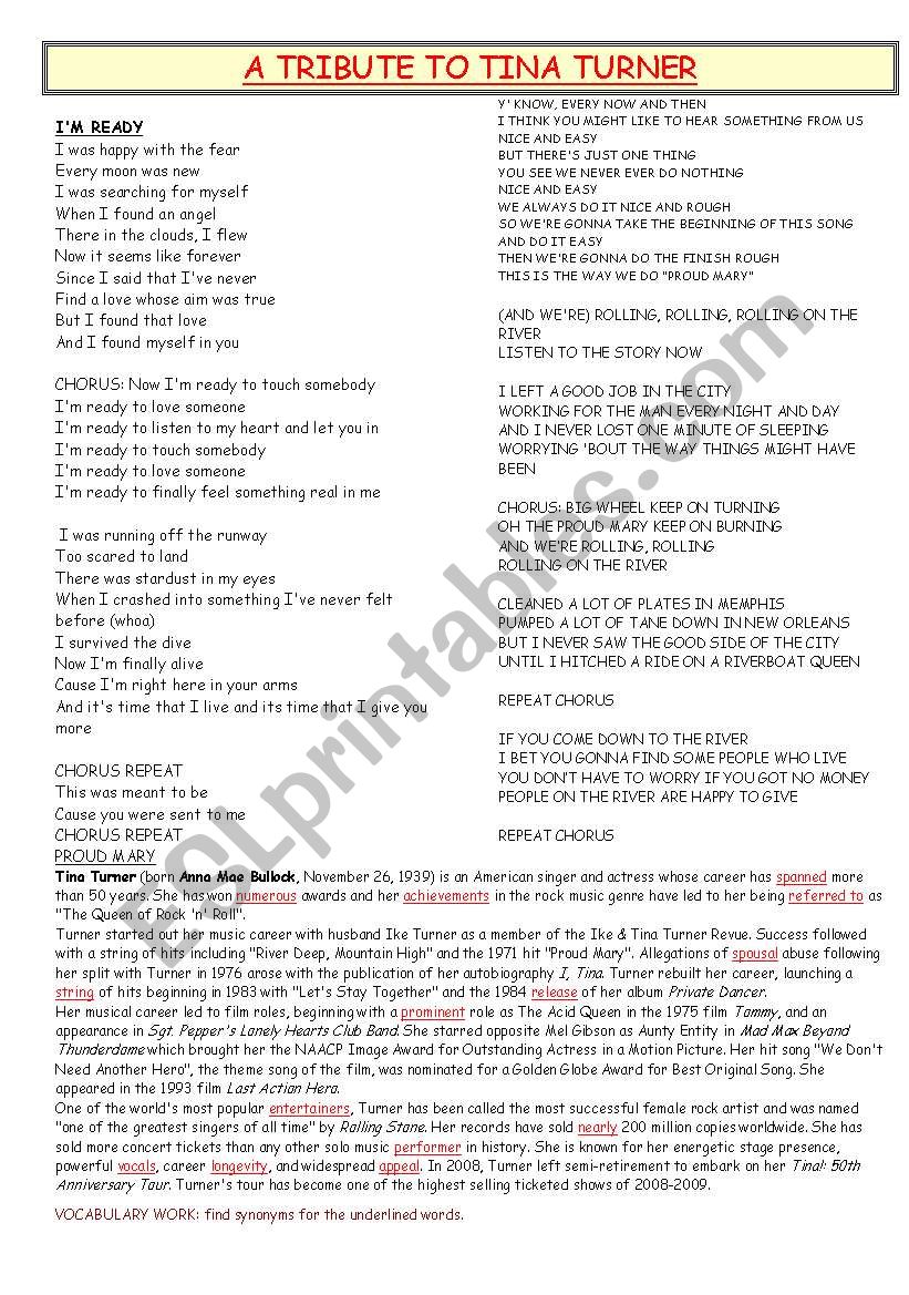 A TRIBUTE TO TINA TURNER worksheet