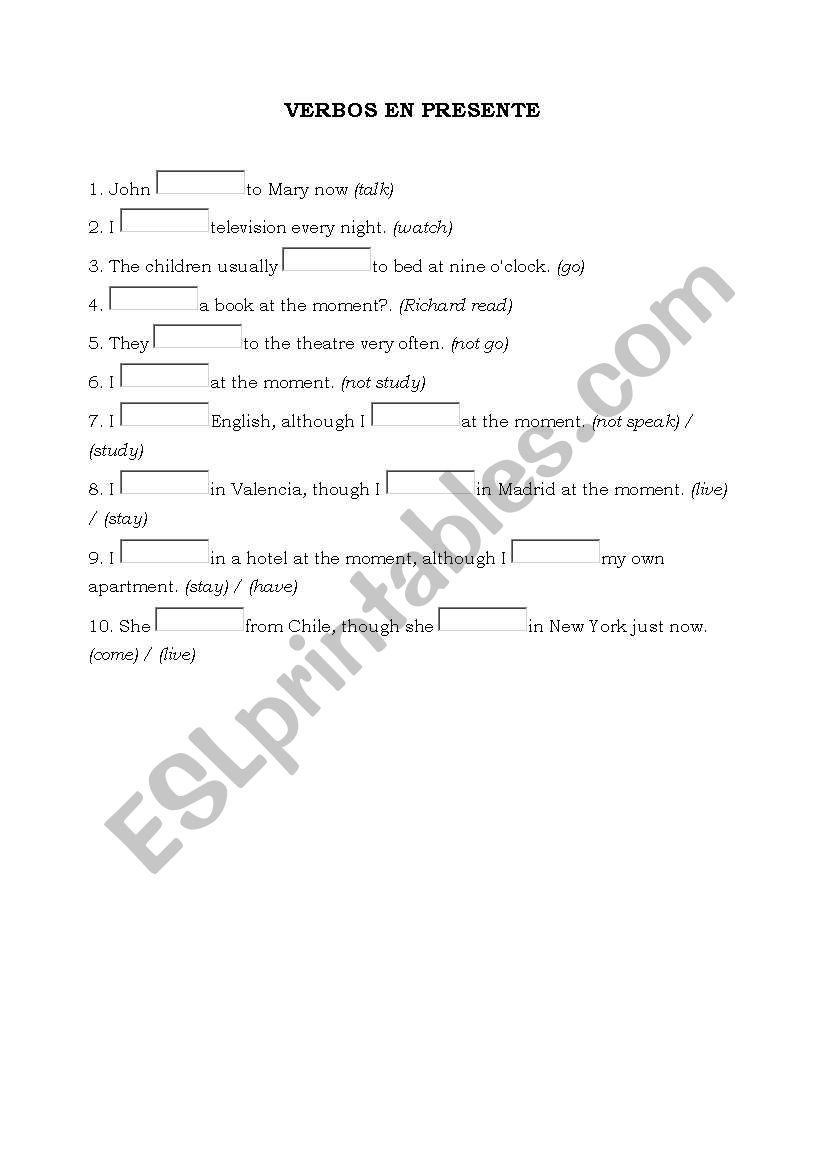 VERS IN PRESENT worksheet