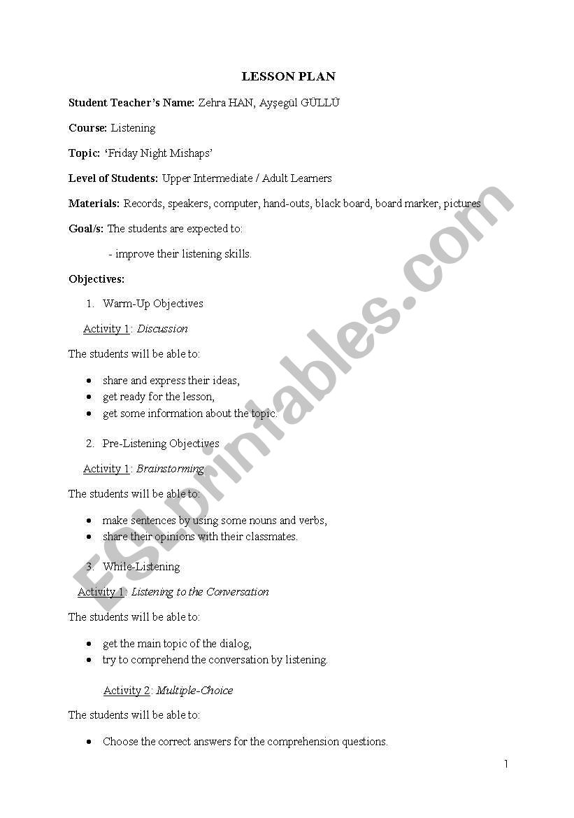 listening lesson plan worksheet