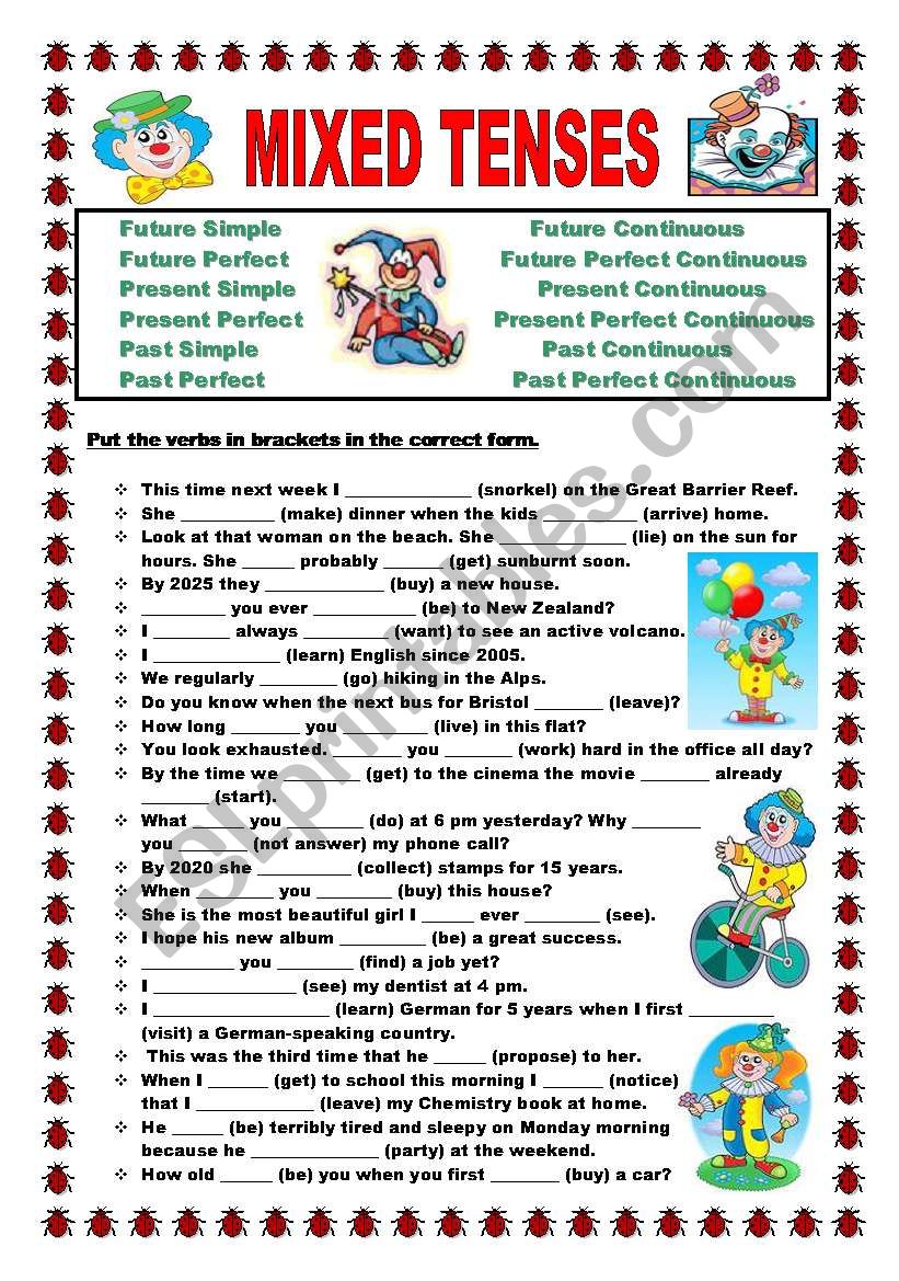 Tenses Interactive Worksheet All Verb Tenses Review With Key English Esl Worksheets For