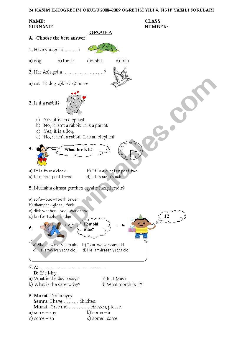 An Exam for 4th Grades (Especially for second term)