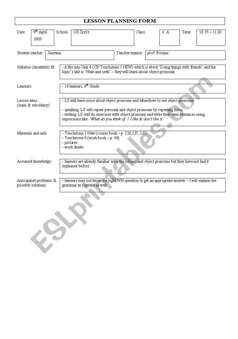 Object pronouns lesson plan worksheet