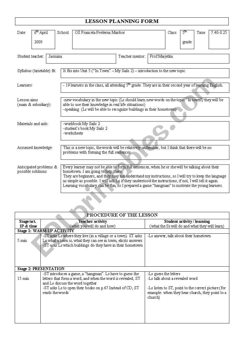 In town lesson plan worksheet