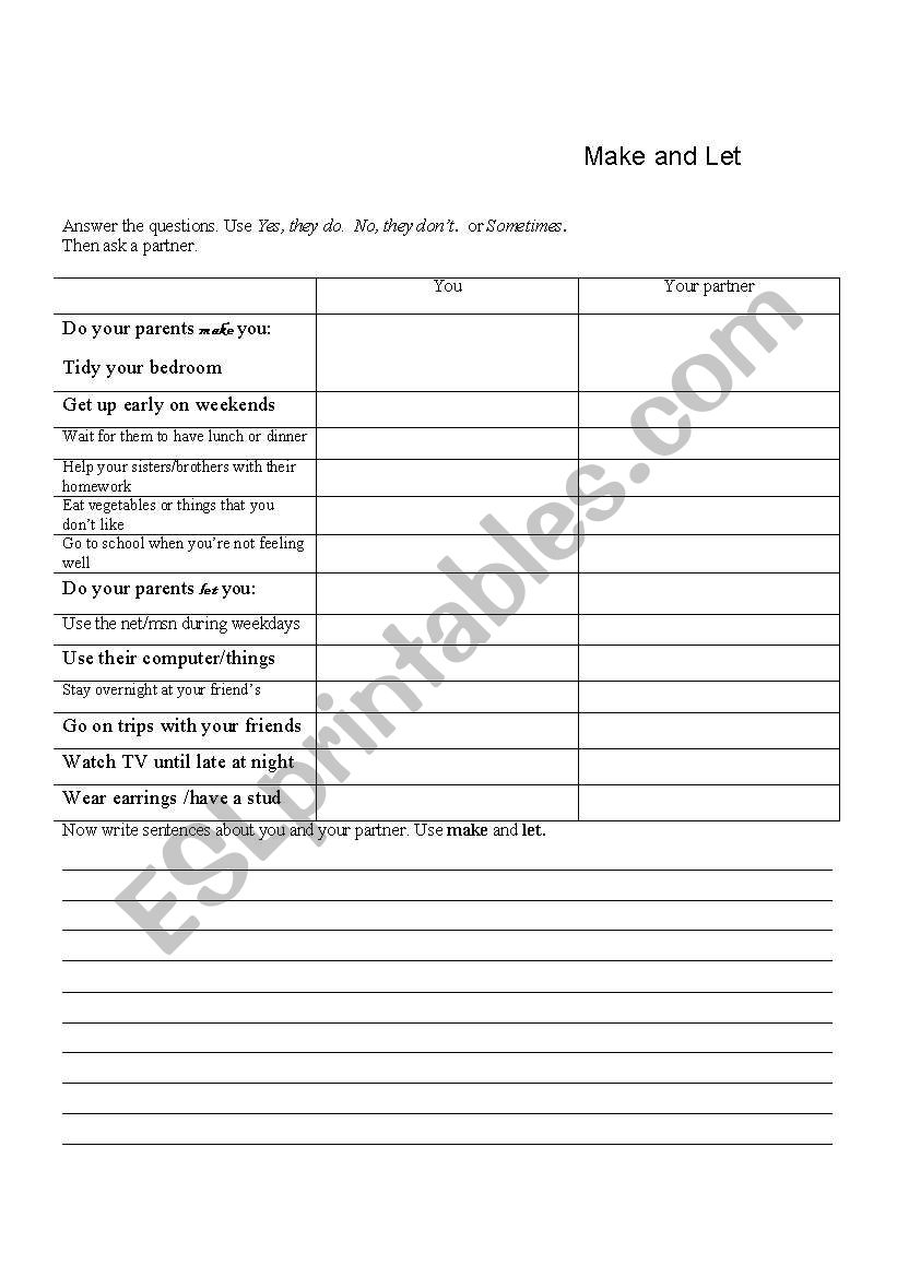 Make and Let worksheet