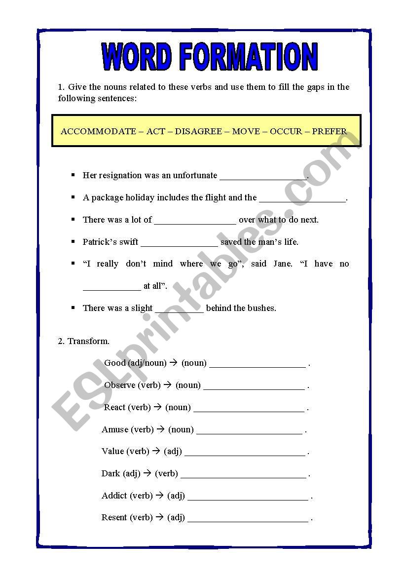 Word formation worksheet