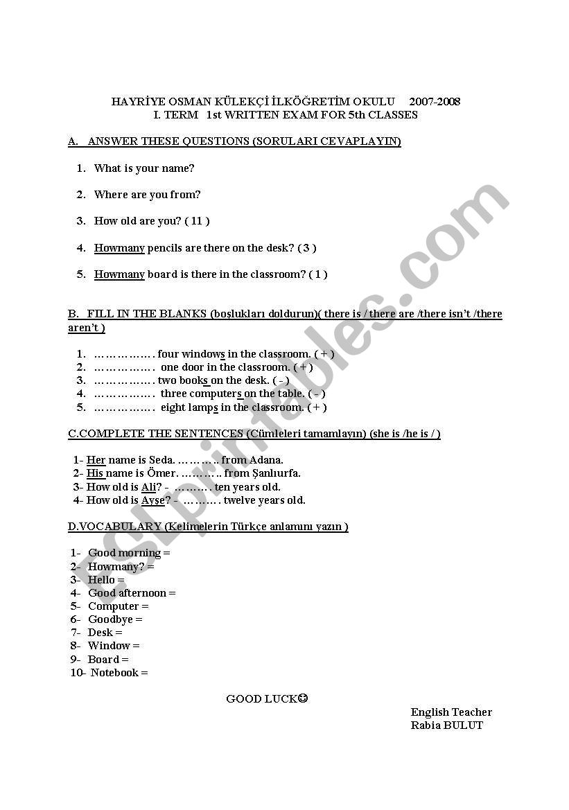 exam questions for 5th grade worksheet
