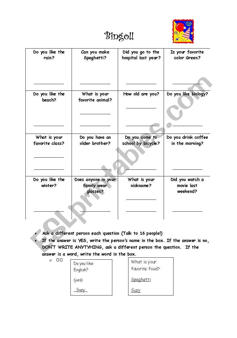 Self Introduction Bingo worksheet