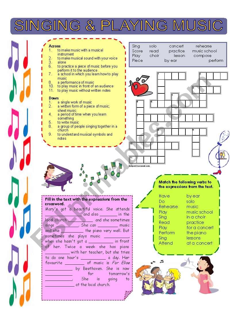 Singing and playing music worksheet