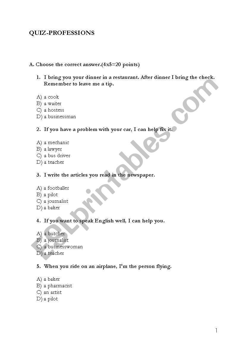 Professions Quiz worksheet