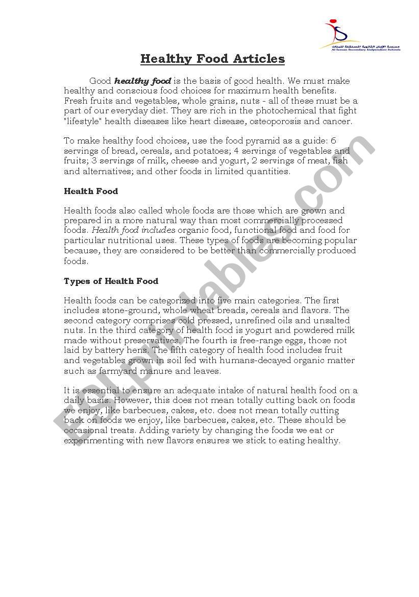 healthy food  worksheet