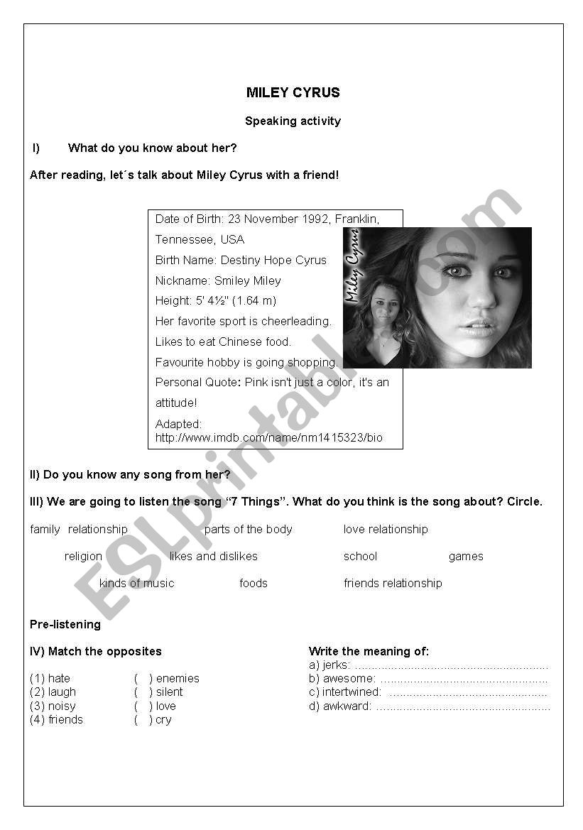 Song - 7 things Miley Cyrus worksheet