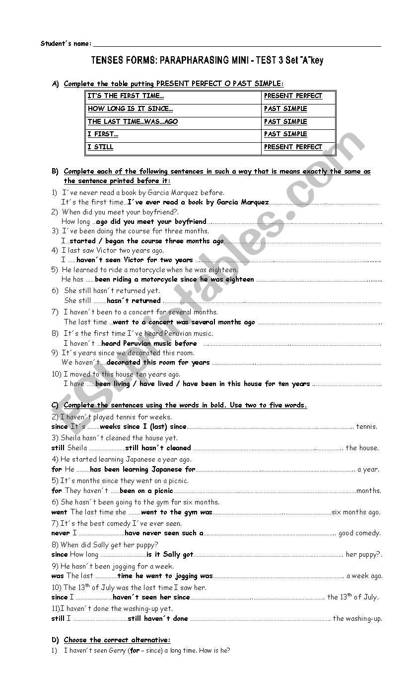 FCE Tenses Forms Paraphrasing 1st part key