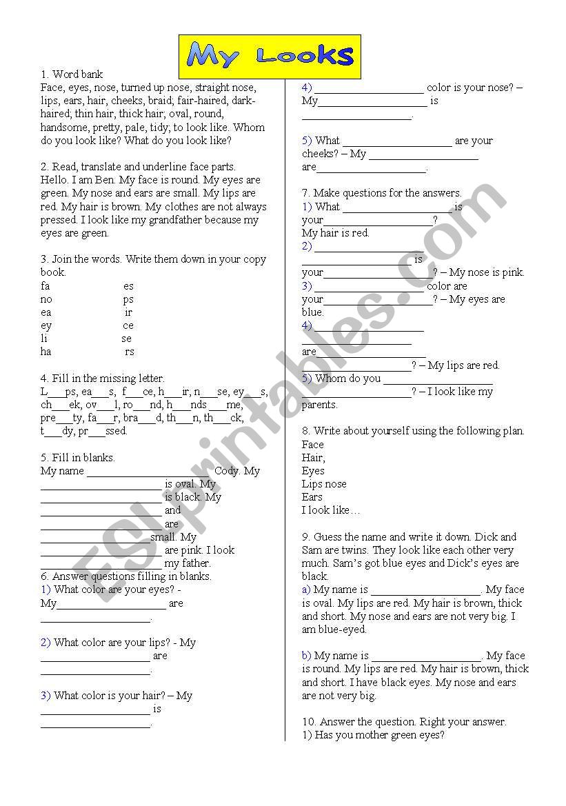 My Looks worksheet