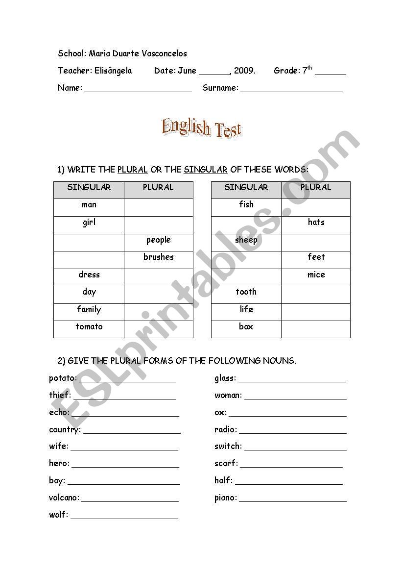 Test about plural of nouns worksheet