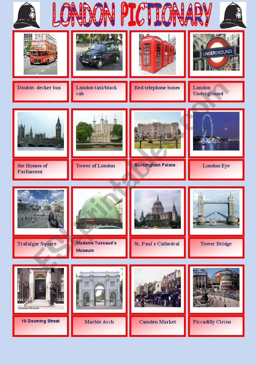 London pictionary and written practice of the names of the attractions