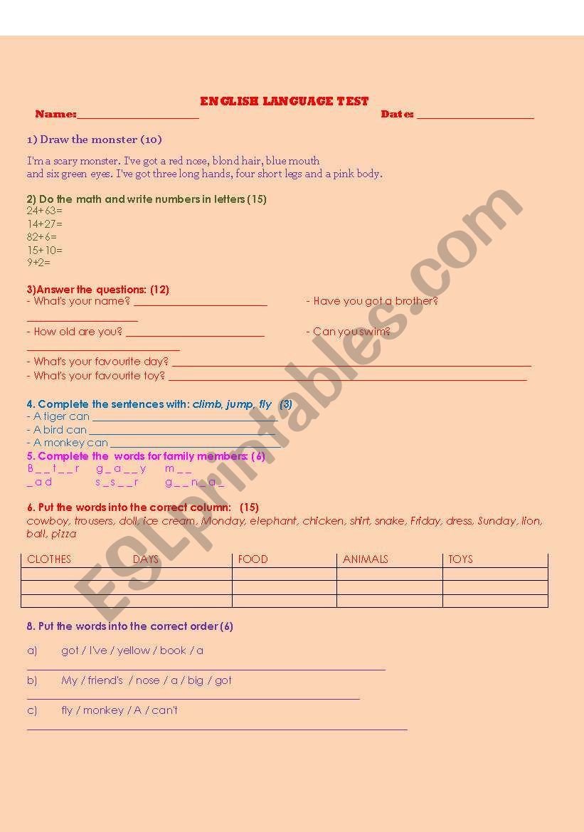 ESL test worksheet