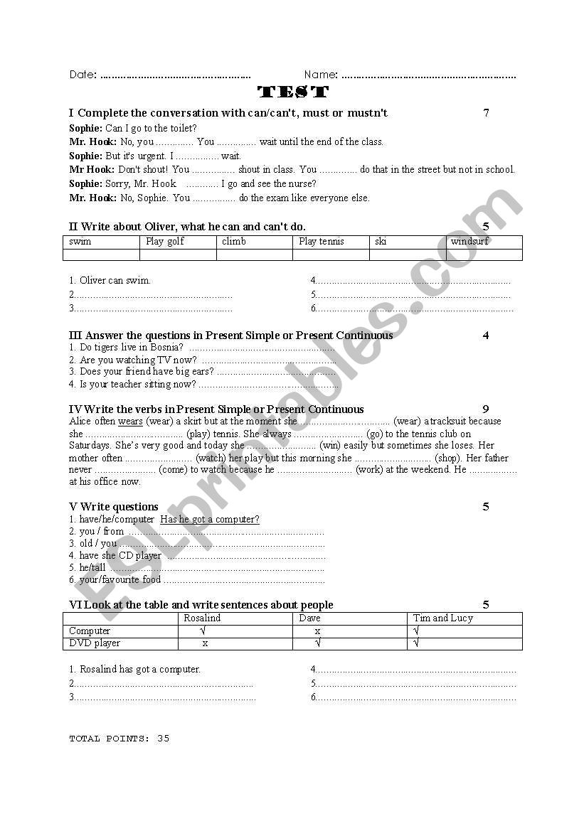 Tenses - test worksheet