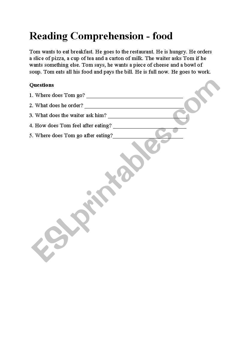 Reading Comprehension - food worksheet