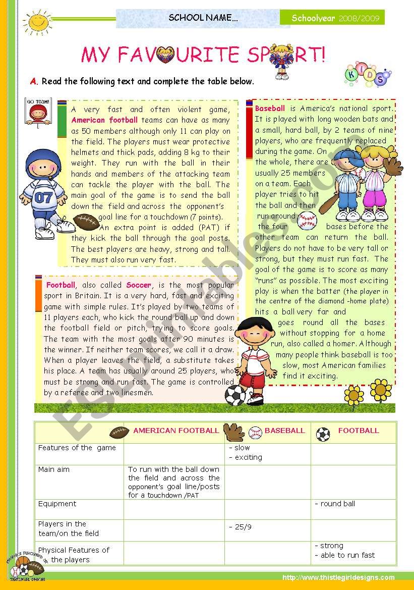 The 1st 45-minute-lesson (of 2) on the topic My Favourite Sport  --  Reading Comprehension for Upper Elementary and Lower intermediate students