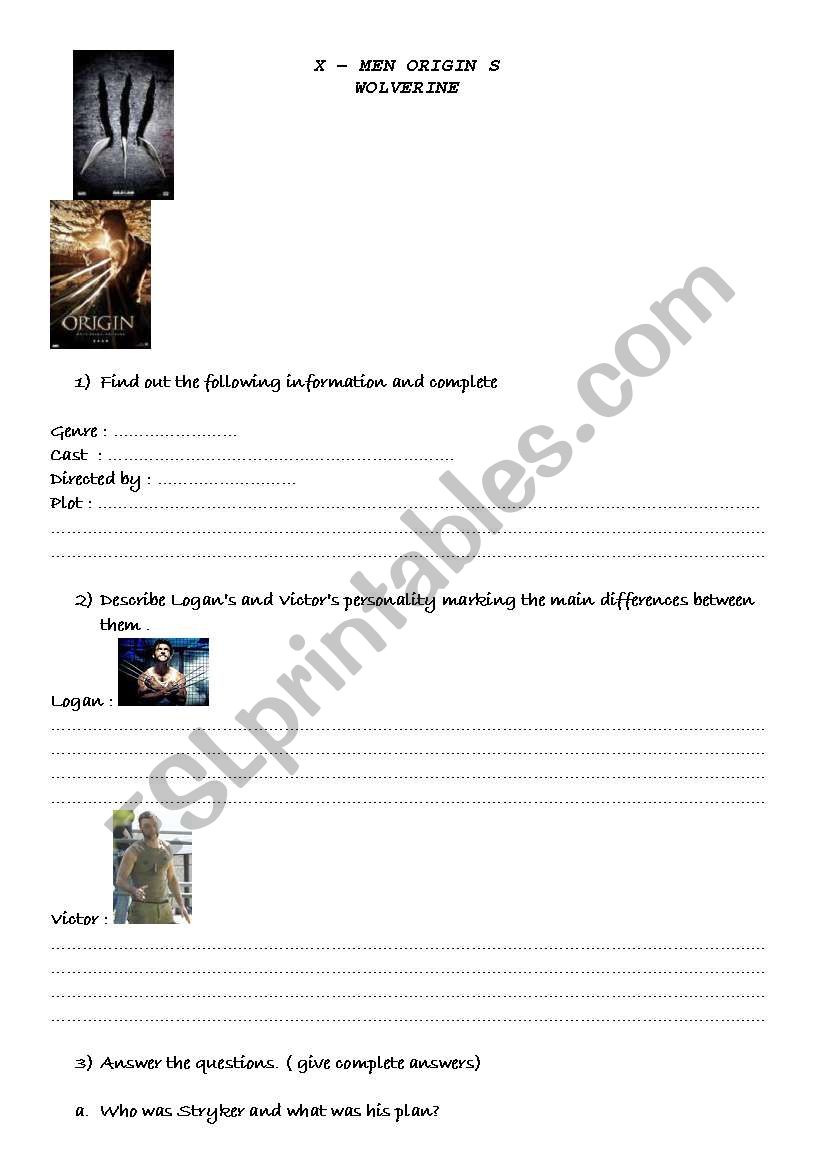 X-men Origins worksheet