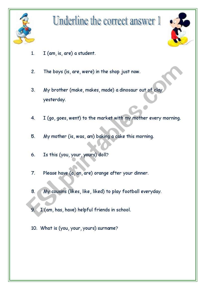 underline the correct answer part 1