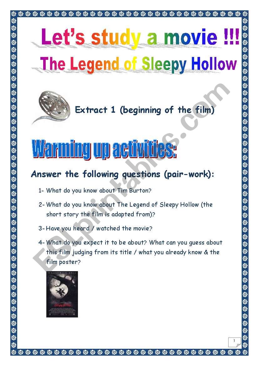 Video time: SLEEPY HOLLOW (Tim BURTON) - Extract # 1 (COMPREHENSIVE PROJECT, Printer-friendly, 2 PAGES, 13 TASKS)