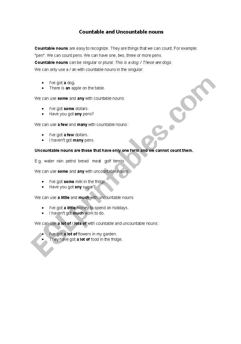 Countables and Uncountables worksheet