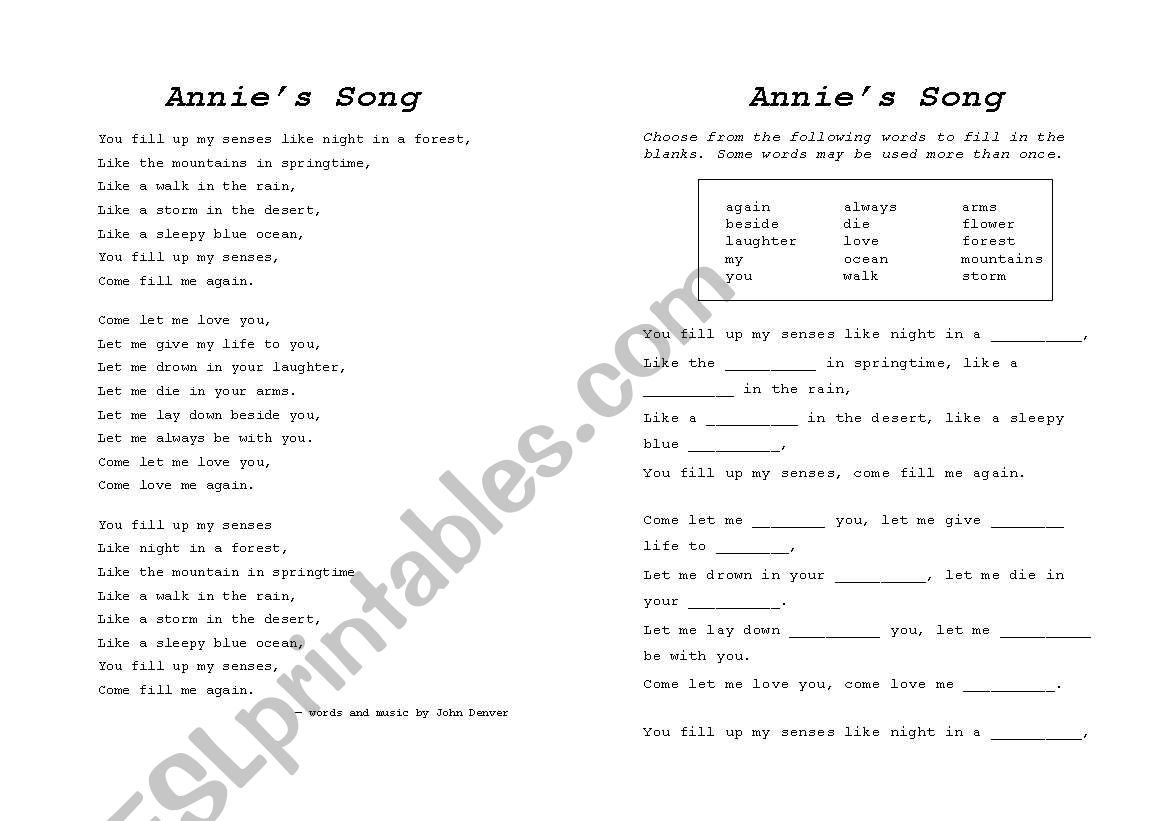 John Denver - Annies Song worksheet