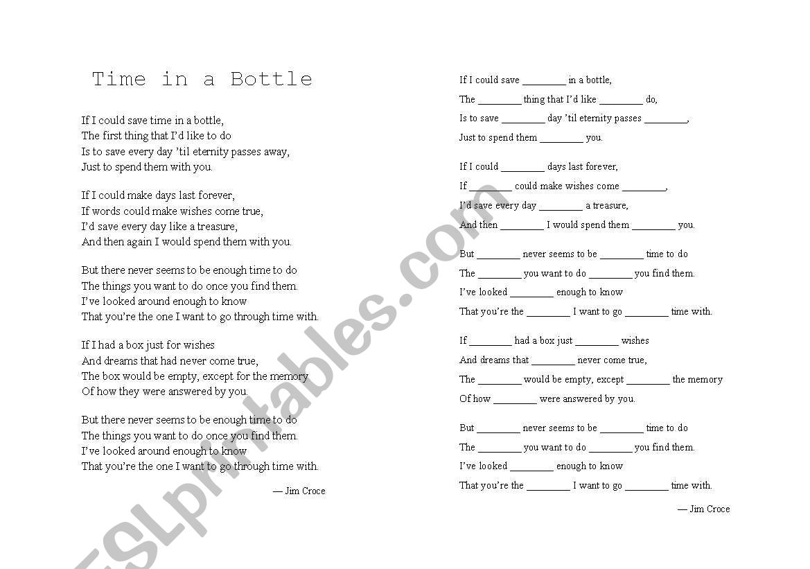 Jim Croce - Time in a Bottle worksheet