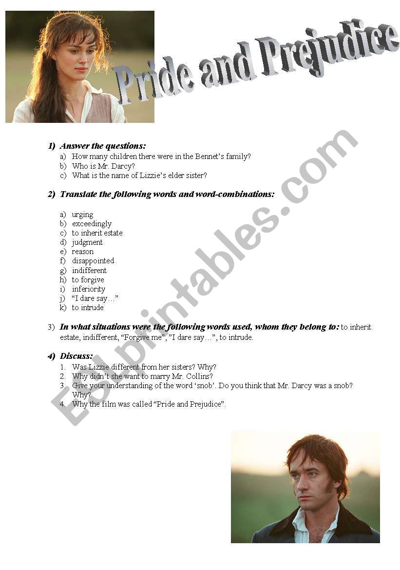 pride and prejudice worksheet