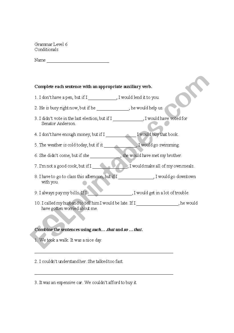 Test/Practice of Conditionals worksheet