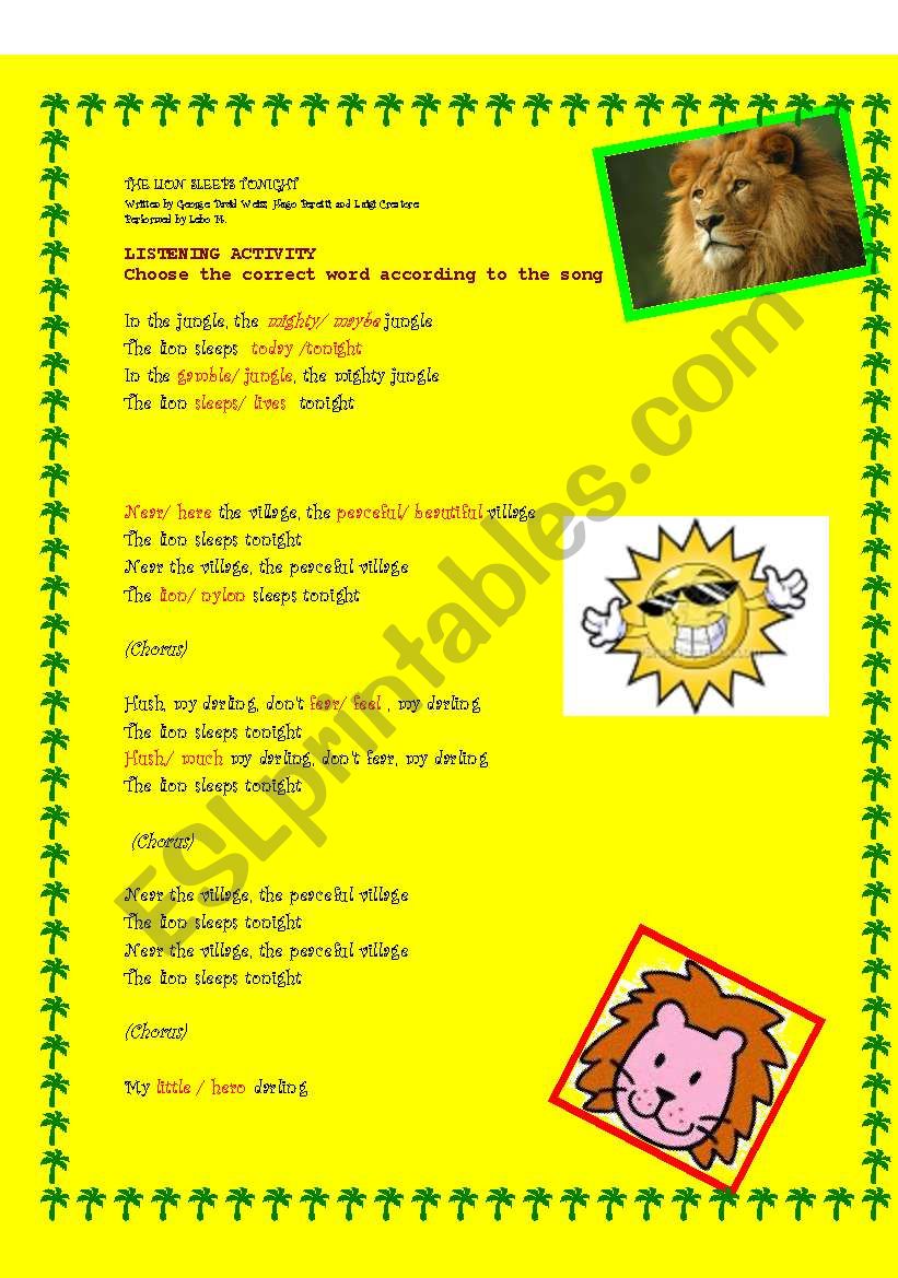 the lion sleeps tonight worksheet