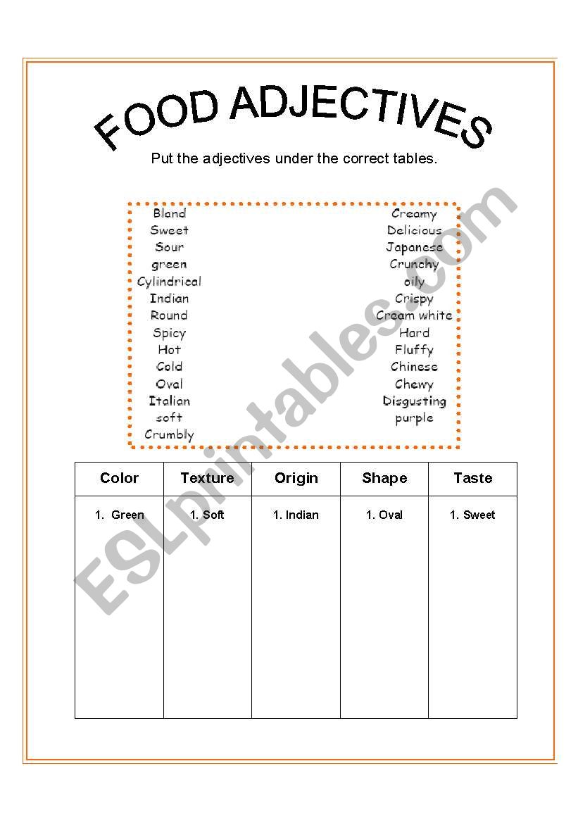 FOOD ADJECTIVES worksheet