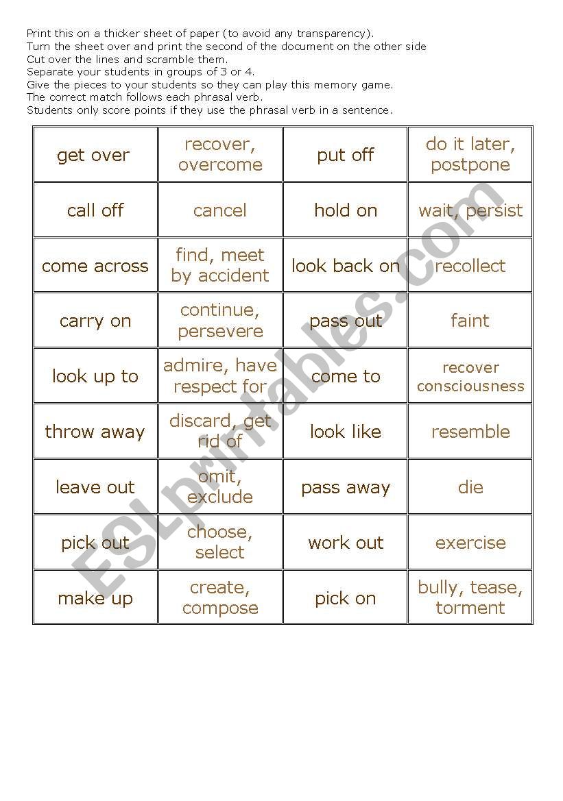 Phrasal Verbs Memory Game worksheet