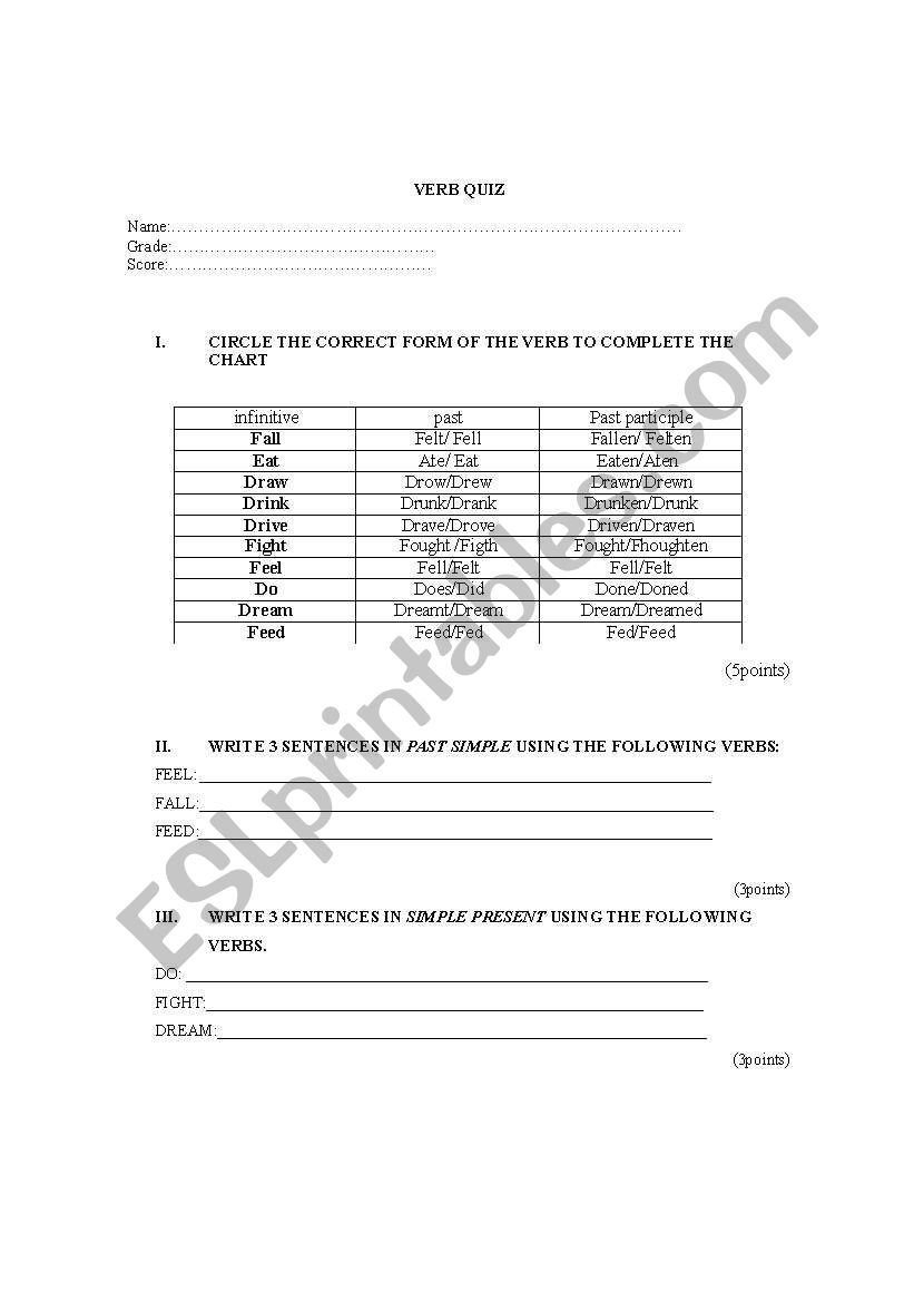 Irregular Verbs Quiz 1 worksheet