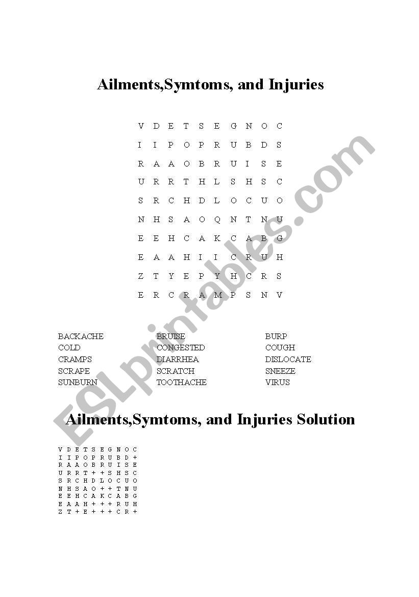 health problems crossword worksheet
