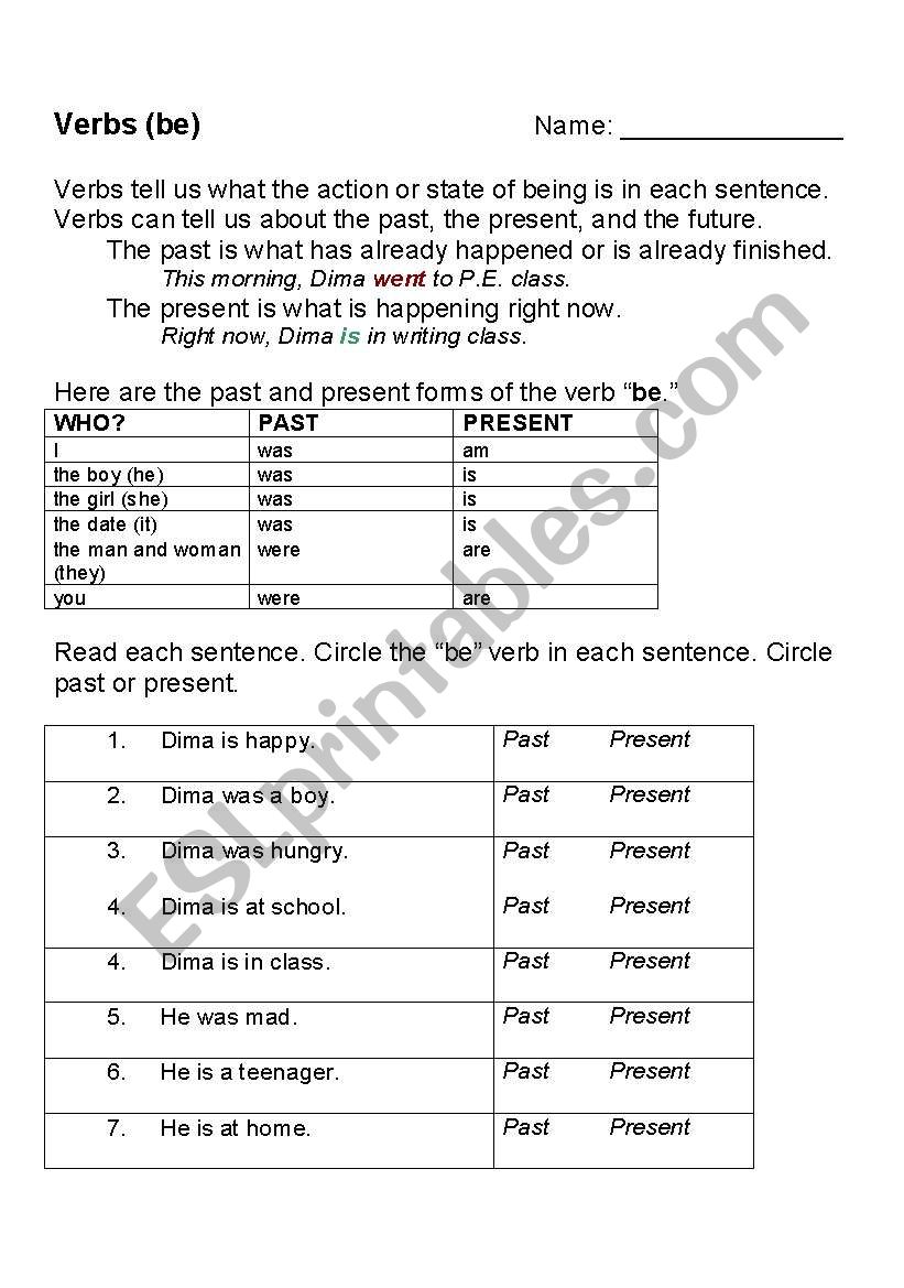 To Be Verb Past and Present worksheet