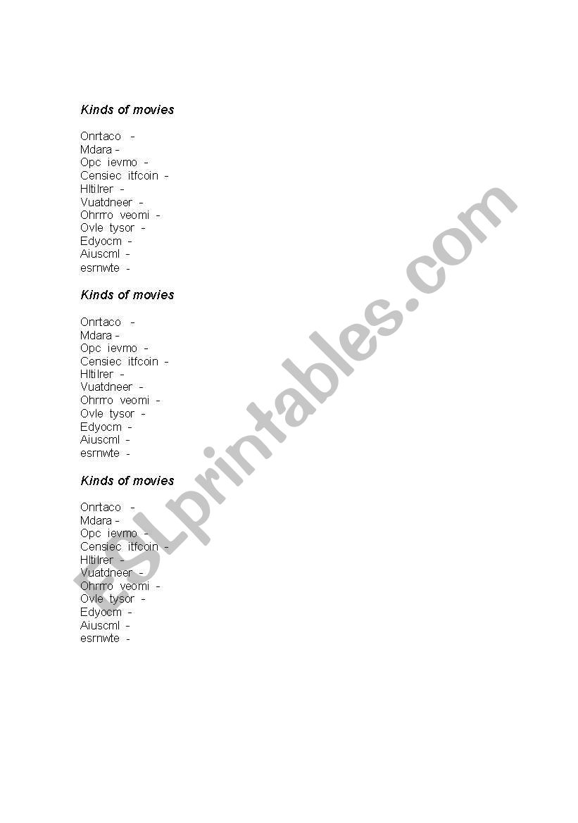 Kinds of movies unscramble worksheet