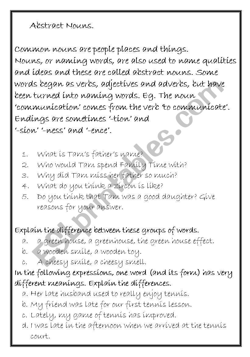 Abstract znouns worksheet