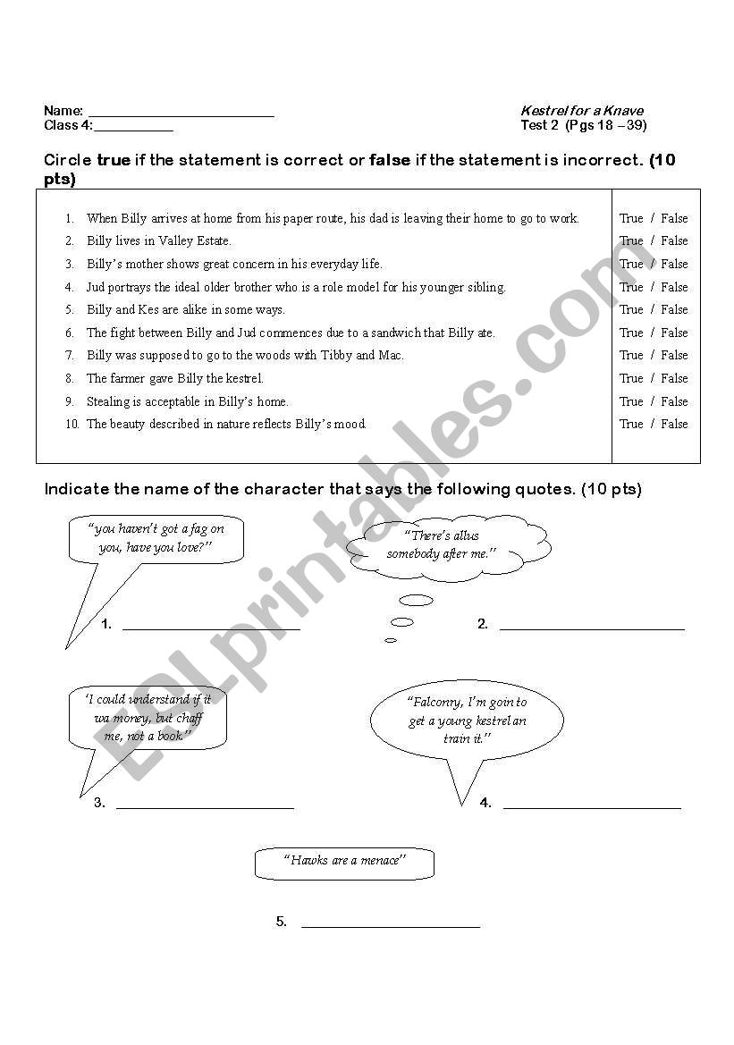 kes test worksheet