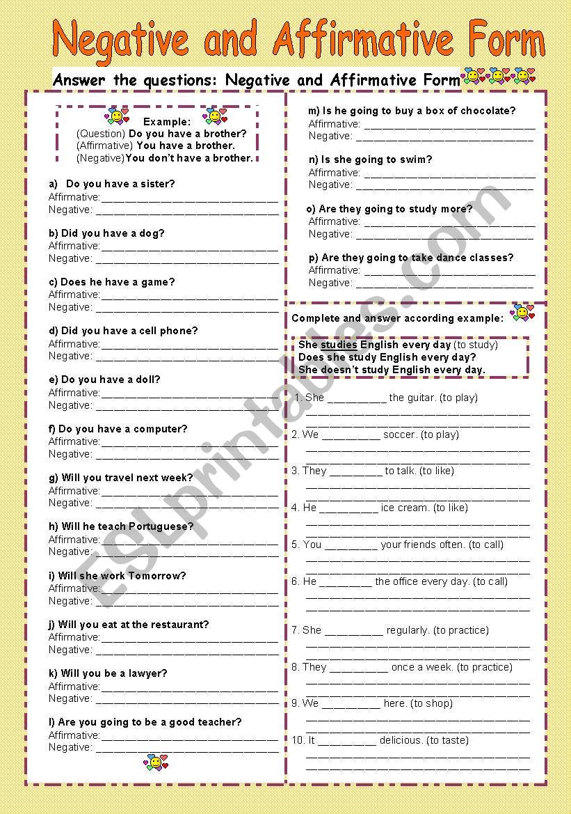 Negative and Affirmative Form worksheet