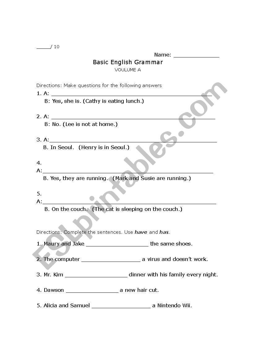 Have and has worksheet