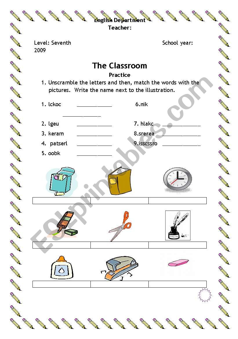 CLASSROOM OBJECTs #1 worksheet