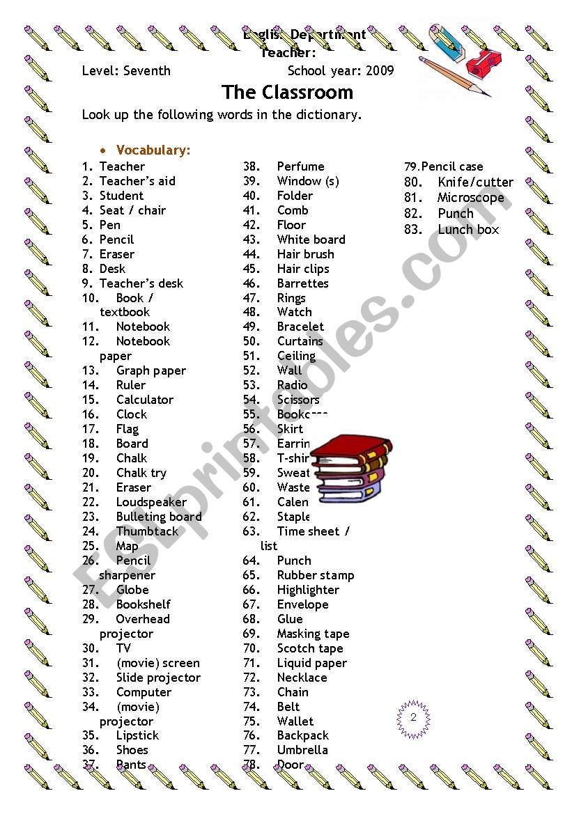 Classroom bojects #2 worksheet