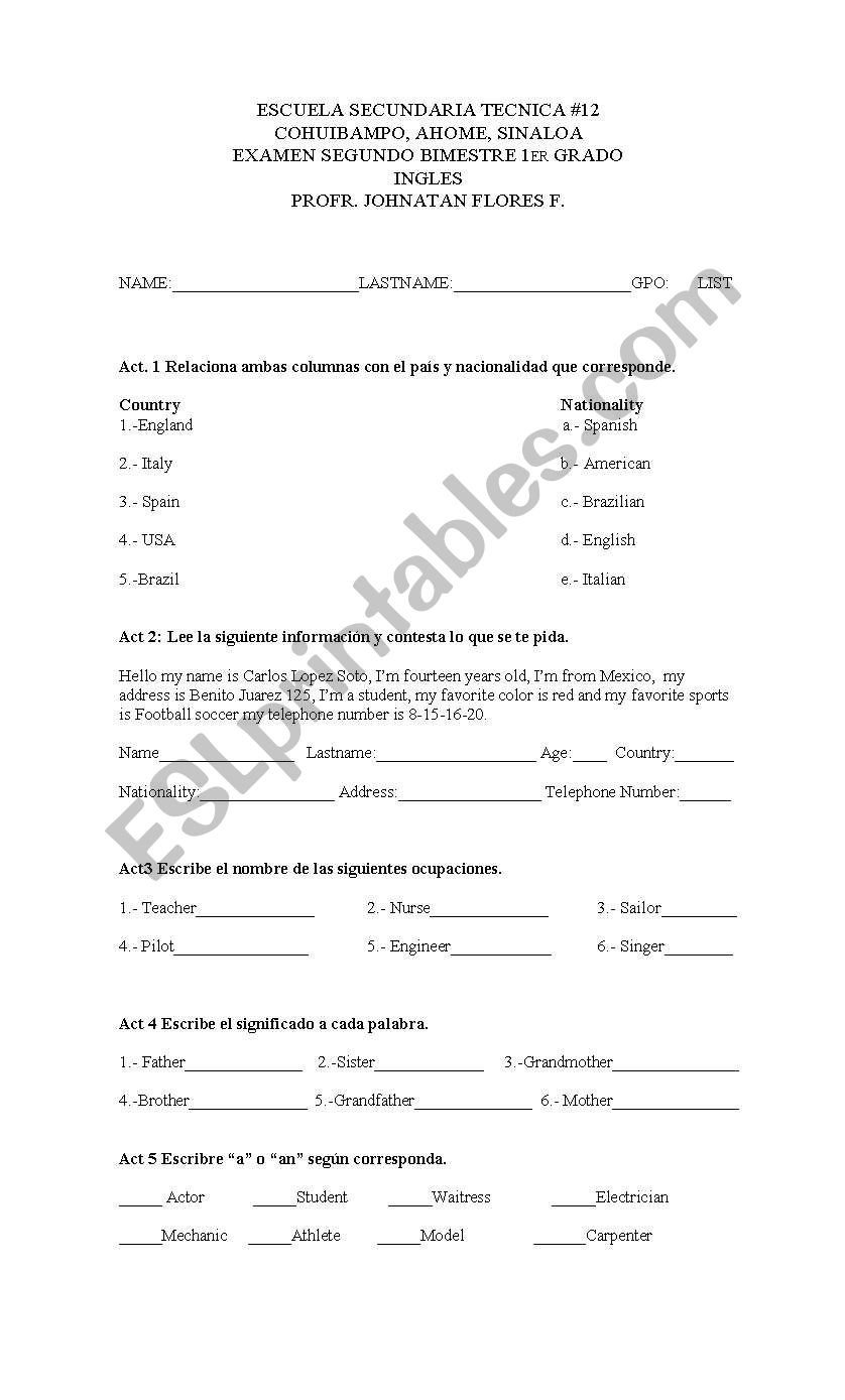 examen bimestral de ingles worksheet