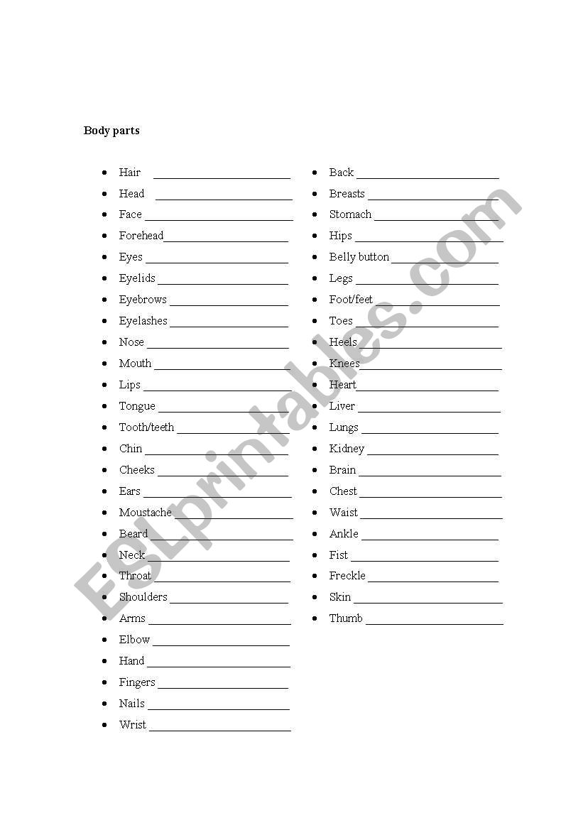 Body parts worksheet