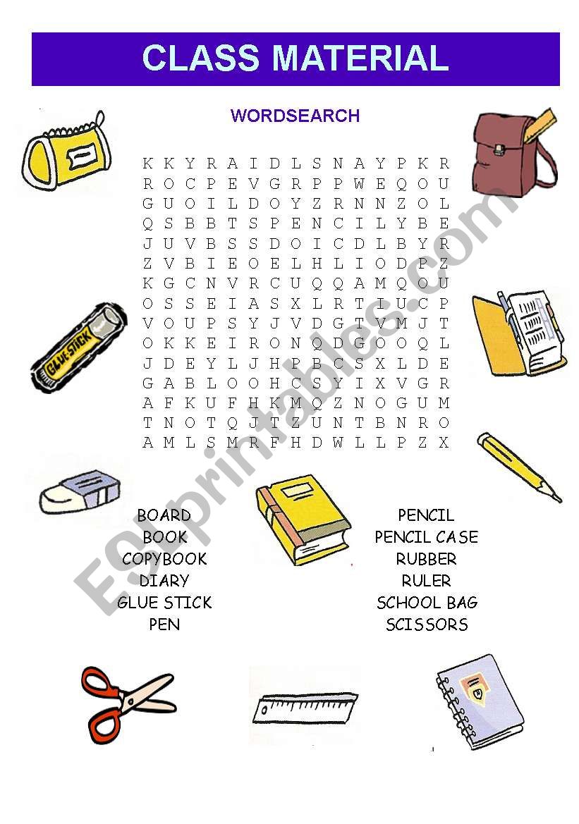 Class material wordsearch worksheet